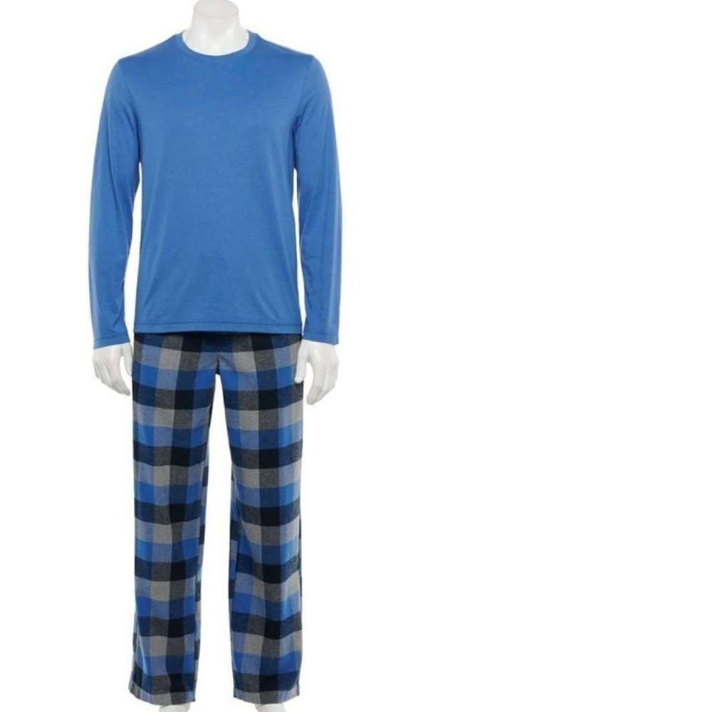 Croft & Barrow Pajamas Set Mens M Blue Check Long Sleeve Shirt & Flannel Pants